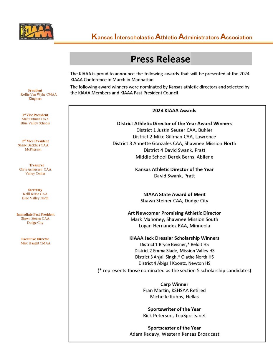 KIAAAks's tweet photo. Congratulations to our 2024 KIAAA Award Winners.  Presentations will be made at the Awards Banquet March 23rd. https://t.co/T45oLZfEKn