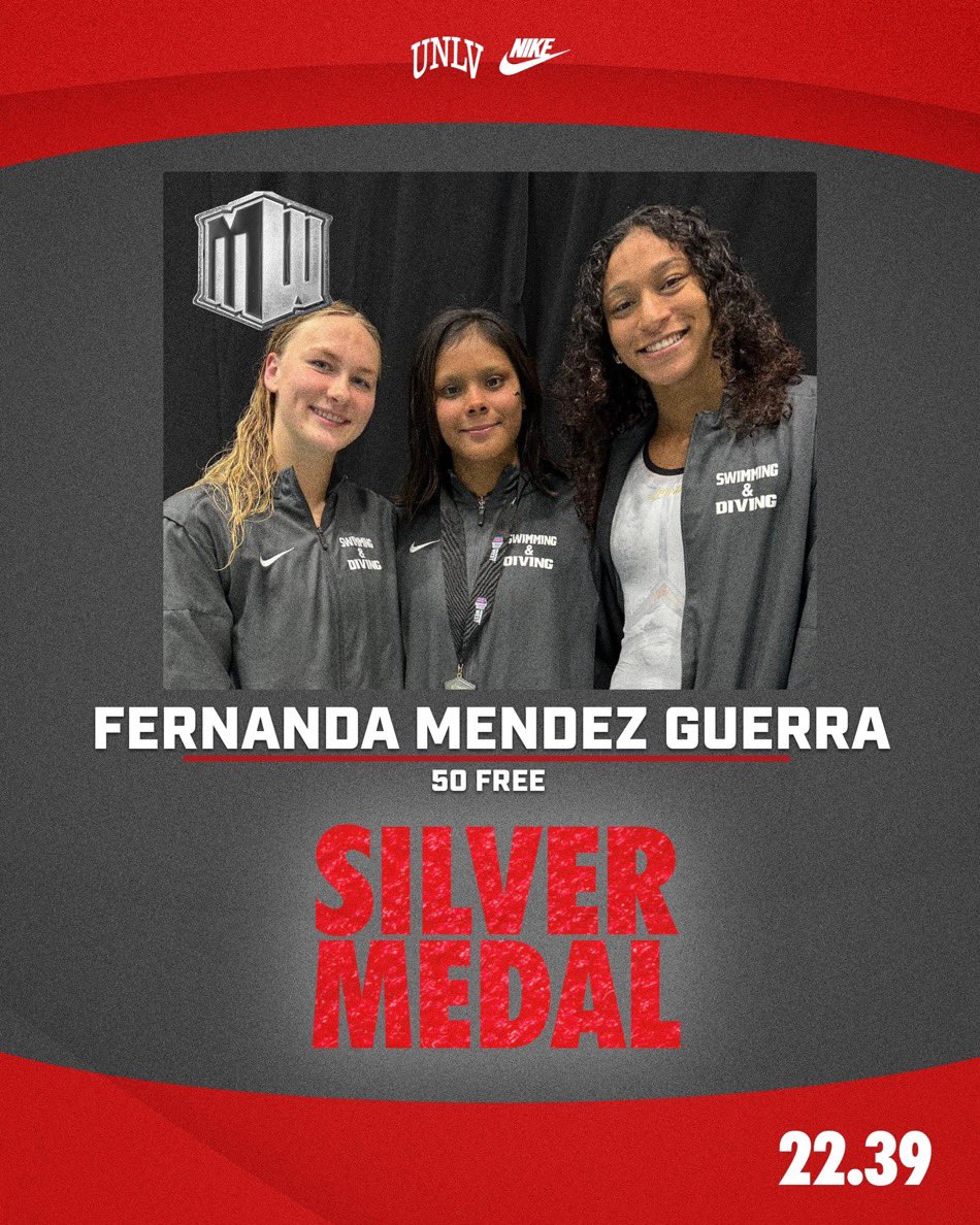 CoqueTrejo's tweet photo. Fernanda Méndez🇲🇽 llegó en enero a @UNLV_Swim_Dive🏊🏻‍♀️. En menos de 2 meses está disputando su 1er. Camp.  de Conferencia @MountainWest 

🥈4x50y combi (nadó mariposa)
🥈50y libre
🥉4x100y combi (mariposa)

Le quedan 2 pruebas individuales.

Tiene madrina de lujo, @sofiarevilak 😜 https://t.co/YeF46w5bZN