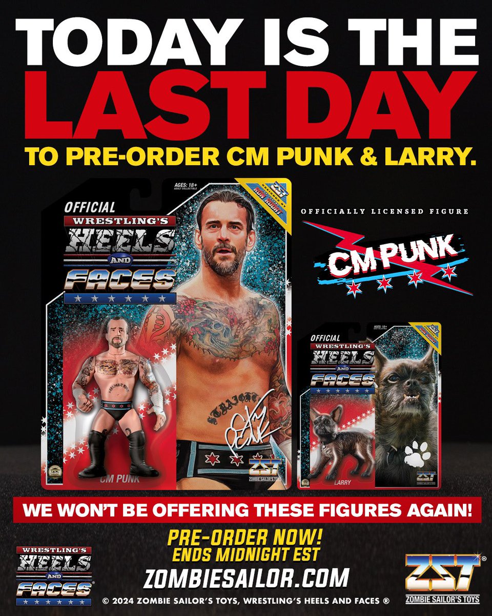 ‼️ Today is your LAST DAY to pre-order the CM PUNK and LARRY officially licensed Wrestling’s Heels and Faces figure set CM PUNK and LARRY are MADE TO ORDER We will NOT be offering these figures again, they will be VAULTED at Midnight cst! NO EXTRAS