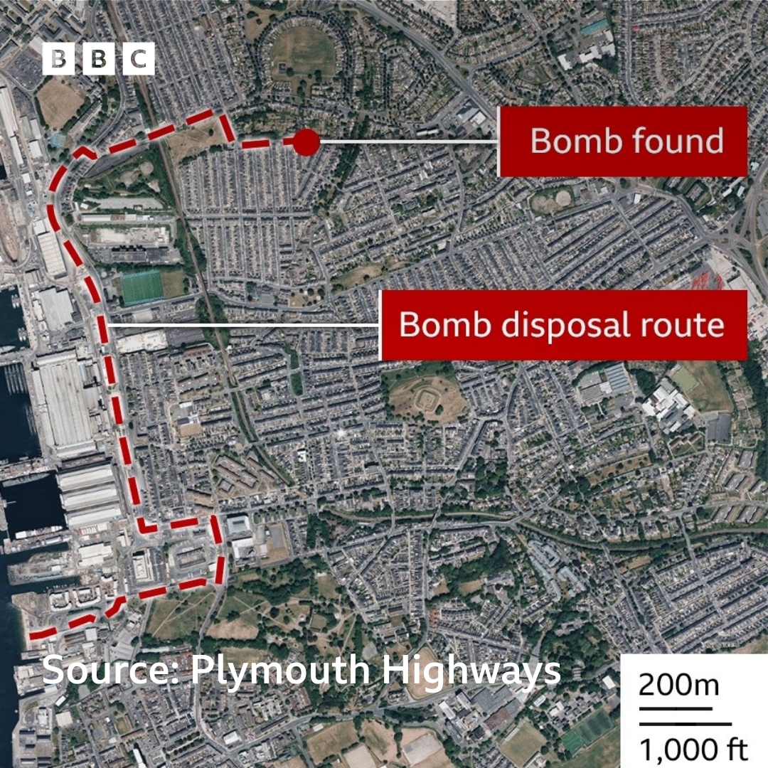 This map shows where the unexploded World War Two bomb was initially found in Keyham, Plymouth and the route the bomb will be transported by a military convoy, moved to the Torpoint Ferry slipway and then detonated at sea. More here: bbc.in/3SSOhnz