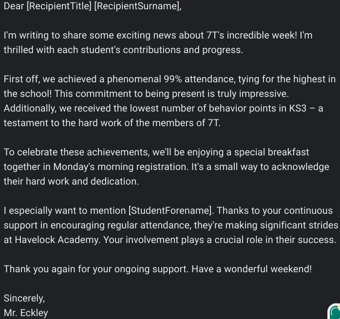 ComputingMr's tweet image. Such a positive week with 7T. 99% attendance and the lowest number of negative points in KS3.
To celebrate the success we will be having breakfast during morning registration and a message has been sent home to all parents (see below).
@HavelockAcademy #Attendance #edutwitter