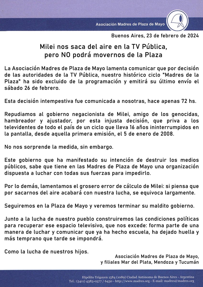 Milei nos saca del aire en la TV Pública, pero NO podrá movernos de la Plaza

madres.org/milei-nos-saca…

#NiUnPasoAtras