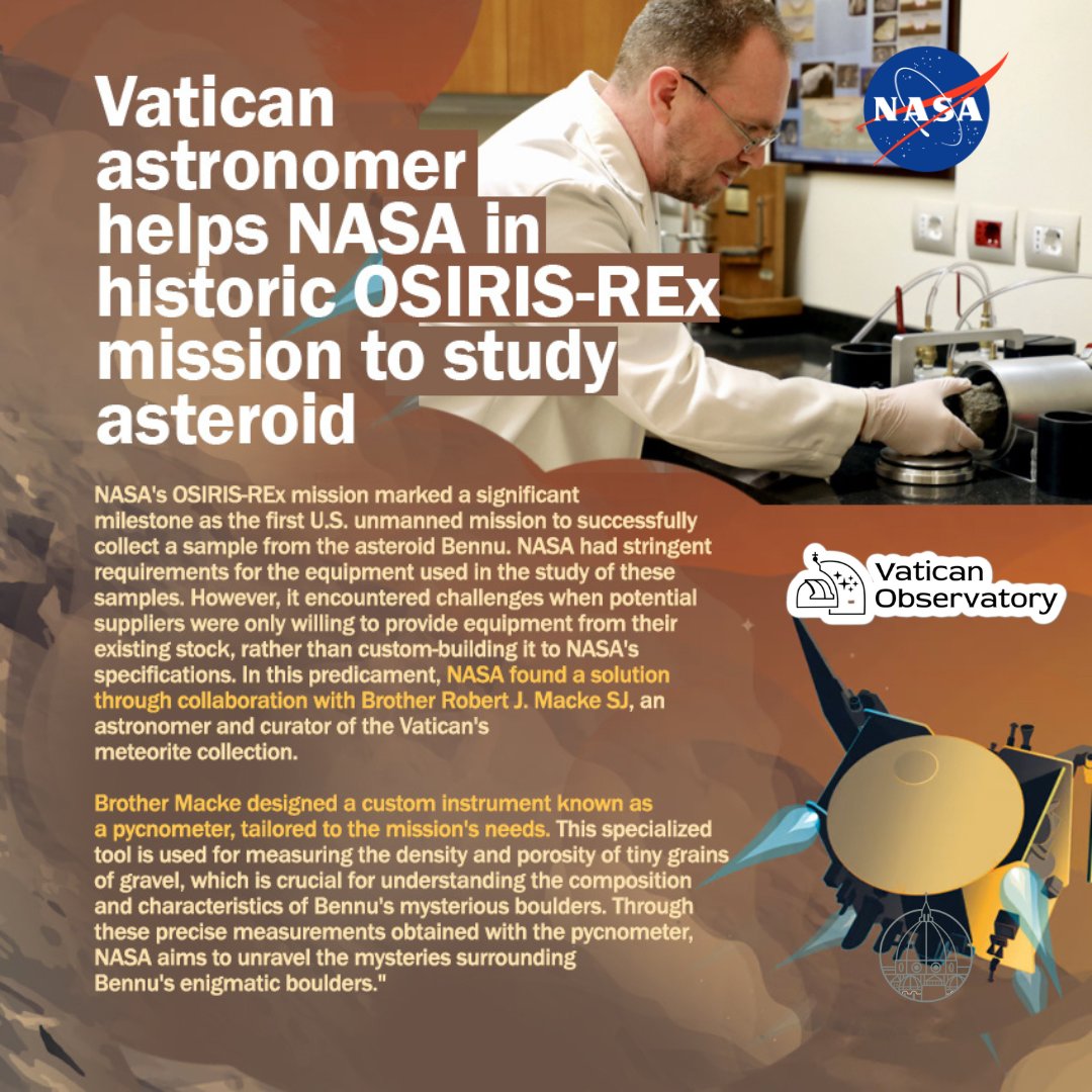ChurchNScience's tweet photo. .@BrBobMackeSJ of @VaticanObserv designed a custom instrument for @NASA known as a #pycnometer, tailored to the mission's needs. This specialized tool is used for measuring the density and porosity of tiny grains of gravels from Bennu. 🇻🇦🇺🇲🪨 #OsirisRex #NASA #Vatican #astronomy https://t.co/cXy7gSQsYb