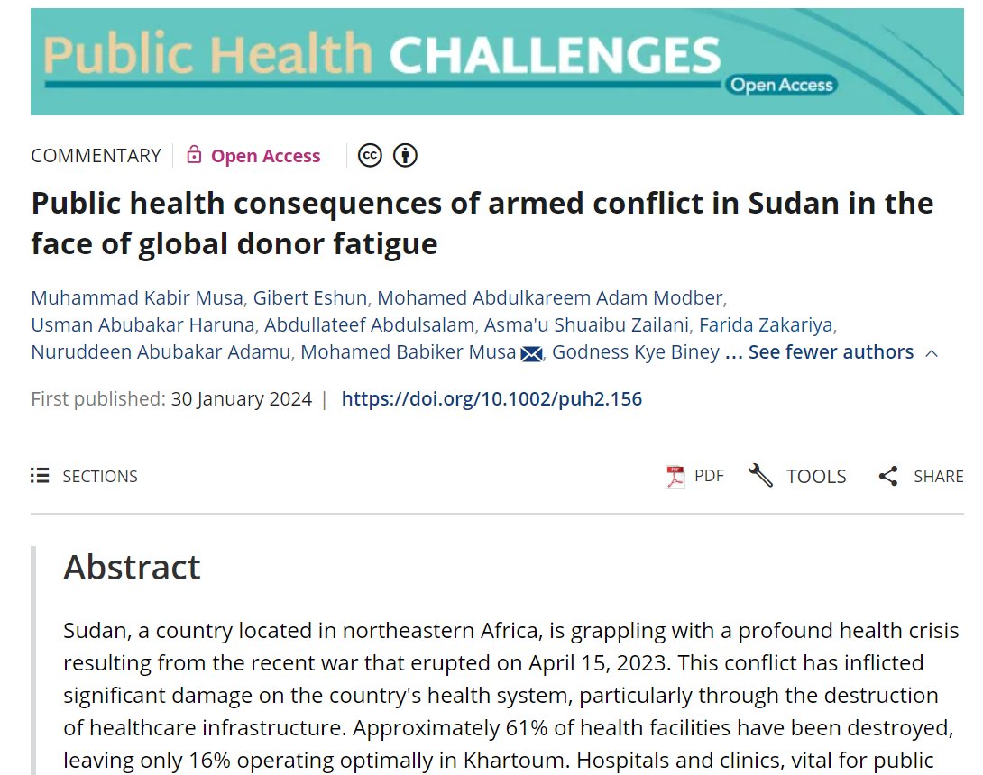 PHC_Wiley's tweet photo. Public health consequences of armed conflict in Sudan in the face of global donor fatigue

This article highlights the impact of the recent war on Sudan's healthcare system.

https://t.co/EsWgbuH0Ee https://t.co/Kw6fS04pAS
