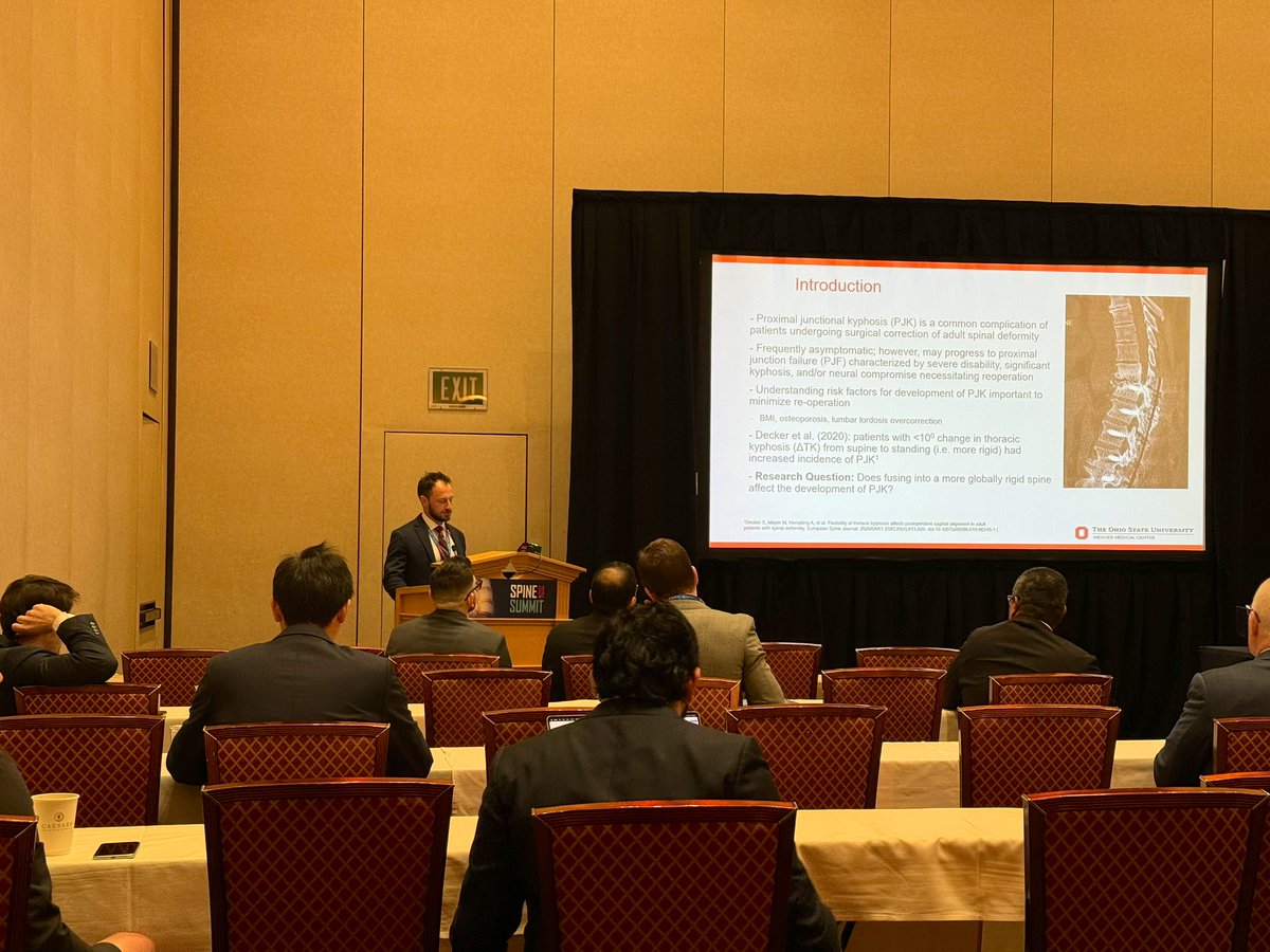 NeurosurgeryOSU's tweet photo. Great work by @ryeaton1992 presenting his work with our deformity group on thoracic flexibility and its impact on proximal junctional kyphosis after spinal deformity surgery @spinesection https://t.co/K9vBNNSskr