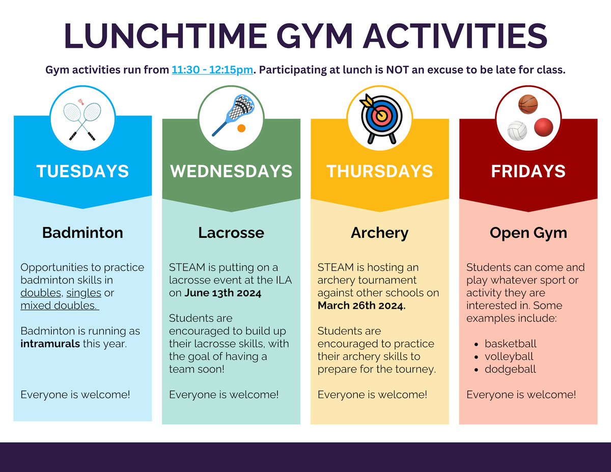 Don't miss out on our lunchtime gym activities schedule! 

Join us from 11:30 - 12:15pm for some fun and fitness. Just a friendly reminder - being a part of the lunchtime gym session is not an excuse to be late for class. 

All are encouraged to come and have fun! 😃🥍🎯👟