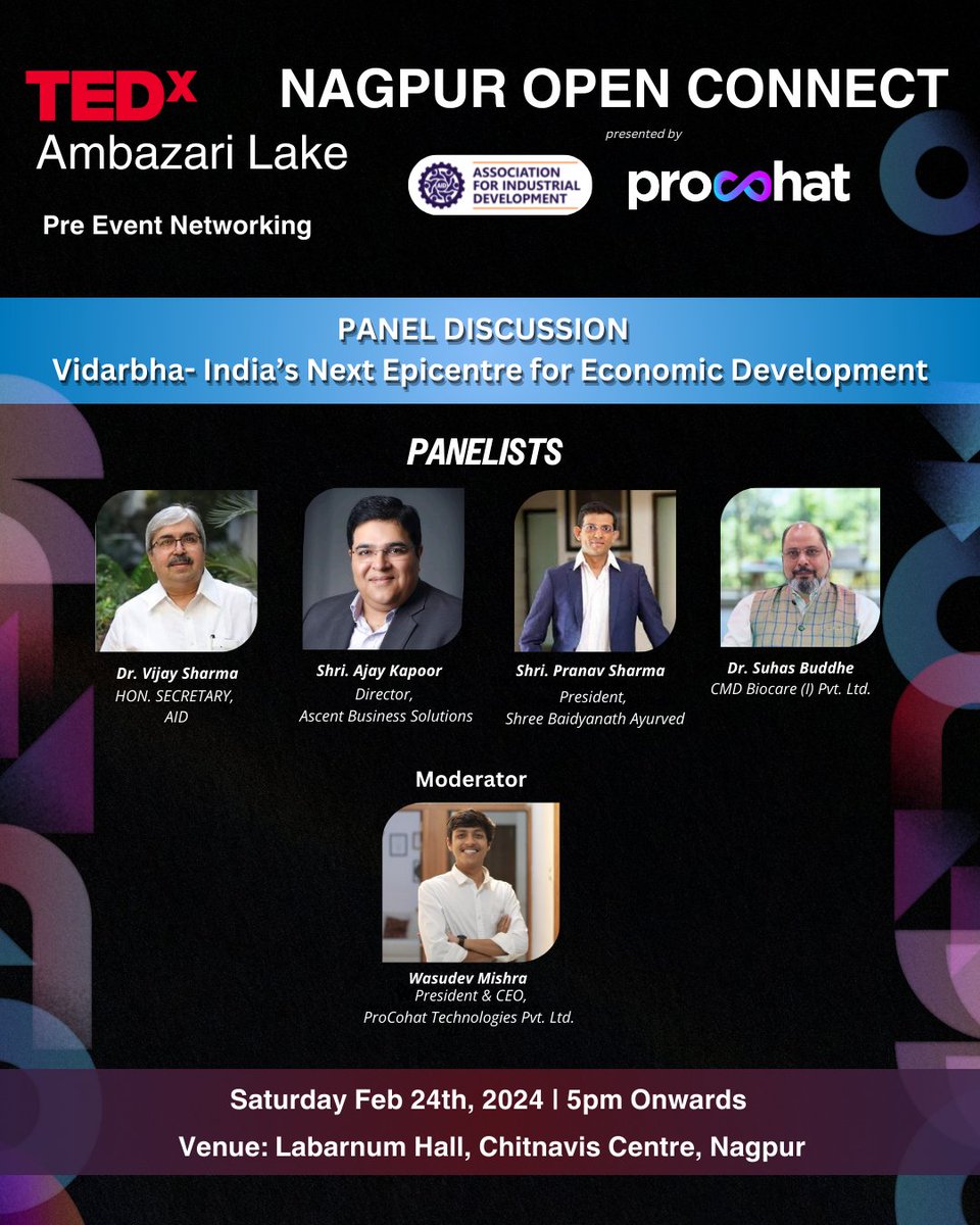 Association for Industrial Development, Nagpur (@aid_nagpur) on Twitter photo Join us for <a href="/tedxambazaril/">TEDxAmbazariLake</a> Nagpur Open Connect, a panel discussion on Vidarbha: India's Epicentre for Economic Development! <a href="/ProCohat/">ProCohat</a> <a href="/Aid_Nagpur/">Association for Industrial Development, Nagpur</a>
Join us for TEDx Nagpur Open Connect, a panel discussion on Vidarbha: India's Epicentre for Economic Development. Join us for <a href="/tedxambazaril/">TEDxAmbazariLake</a> Nagpur Open Connect, a panel discussion on Vidarbha: India's Epicentre for Economic Development! <a href="/ProCohat/">ProCohat</a> <a href="/Aid_Nagpur/">Association for Industrial Development, Nagpur</a>
Join us for TEDx Nagpur Open Connect, a panel discussion on Vidarbha: India's Epicentre for Economic Development.