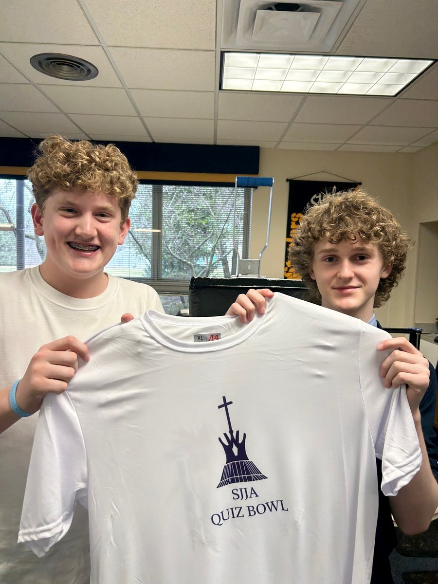 SJJAcademy04's tweet photo. Academy Quiz Bowl Team Members Coleman Campbell and Lincoln Pearson designed and created the Quiz Bowl shirts in the makerspace. Thank you to Mr. Gonzalez for his help! https://t.co/gqtupPZzM7