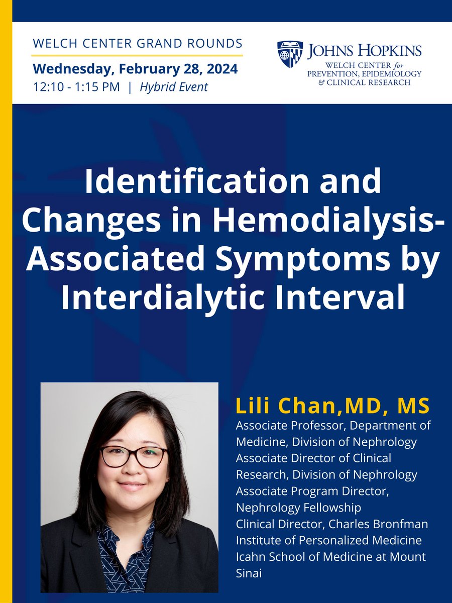 Dr. Lili Chan is closing out our Grand Rounds for the month of February! Join us from 12:10 to 1:15 p.m. (in person or virtual) on Wednesday, Feb. 28. 

You can find a full schedule of Grand Rounds dates, topics, and speakers here ➡️ publichealth.jhu.edu/welch-center-f… 

#WelchWOW