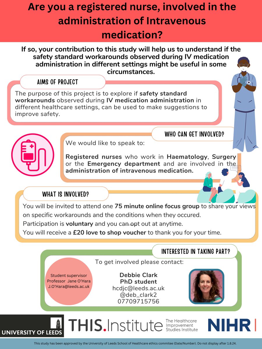 There is still time for #nurses involved in IV medication administration to take part in this focus group!! We are aiming to understand if and how workarounds can be used to improve care. We would love to hear from you.....hcdjc@leeds.ac.uk