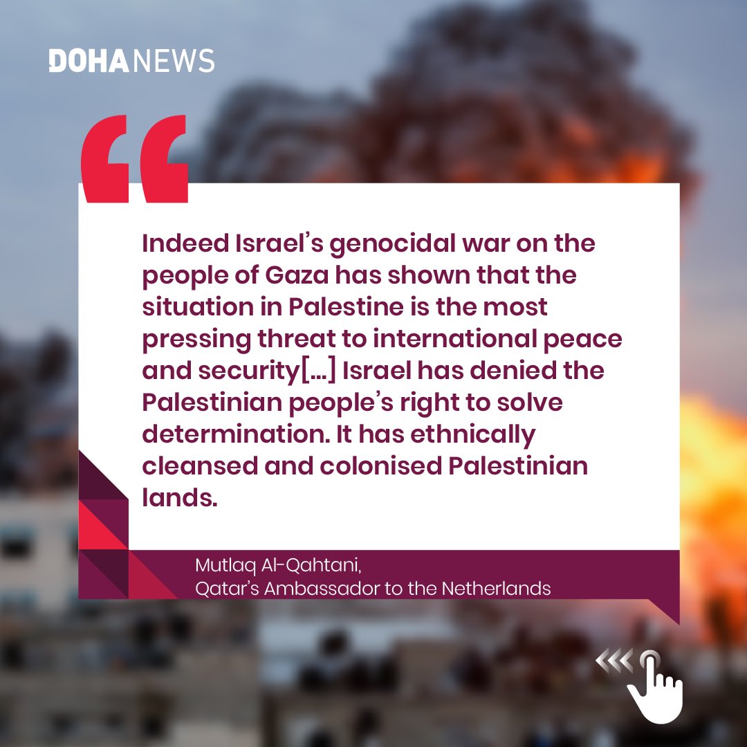 dohanews's tweet photo. #Qatar condemns double standards in the application of international law towards #Israel during its statement at the @CIJ_ICJ on Friday.

Swipe to see the main points made by Doha’s ambassador to the #Netherlands. 

@Qataremb_NL https://t.co/I8gJuRQeQv