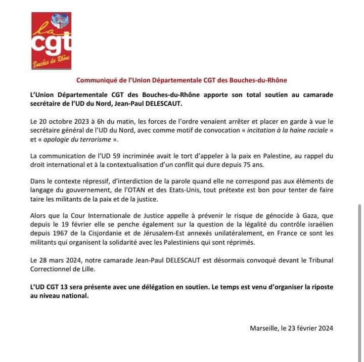 🔴 Soutien de l’UD CGT 13 au secrétaire général de UD CGT NORD Jean-paul Delescaut convoqué au tribunal correctionnel le 28 mars 2024 @udcgtnord59