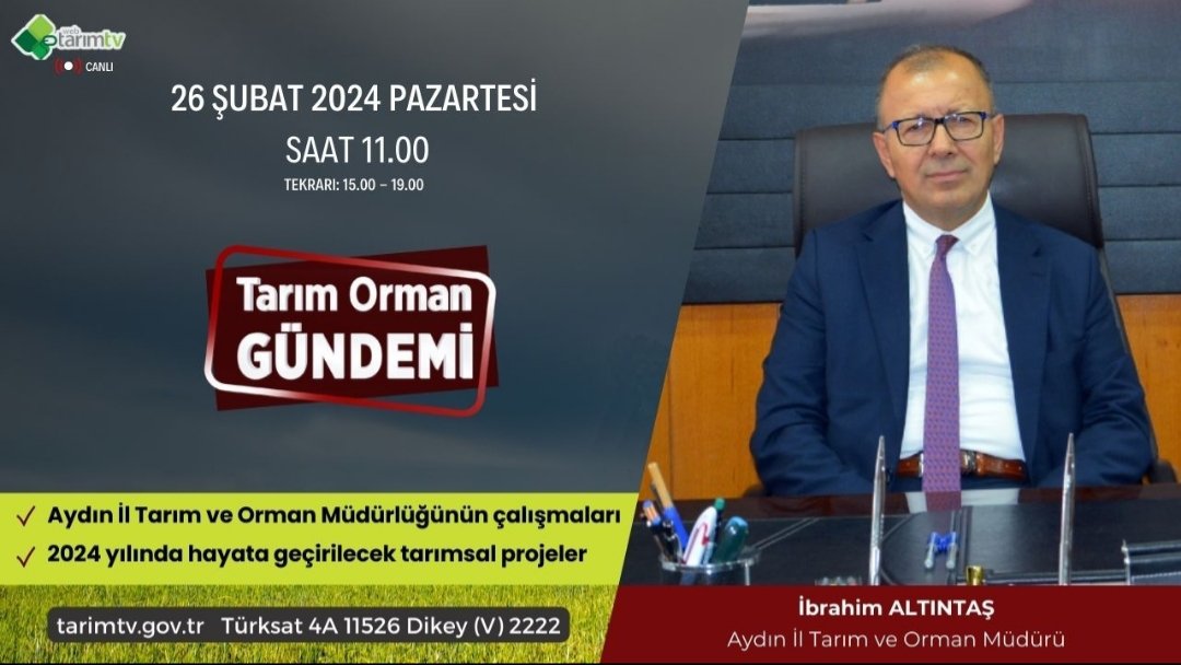AydOrman's tweet photo. Müdürümüz İbrahim ALTINTAŞ, Tarım TV canlı yayınına konuk oluyor, Aydın ilimizin tarım ve hayvancılığı,2024 yılında yapılacak proje ve çalışmalar hakkında bilgi verecek. 
26 Şubat 2024 Pazartesi günü saat 11.00’da TarımTV’deyiz. 
@TCTarim @tarimtv @ibrahimyumakli #ibrahimaltıntaş https://t.co/QoZVvJO01Z