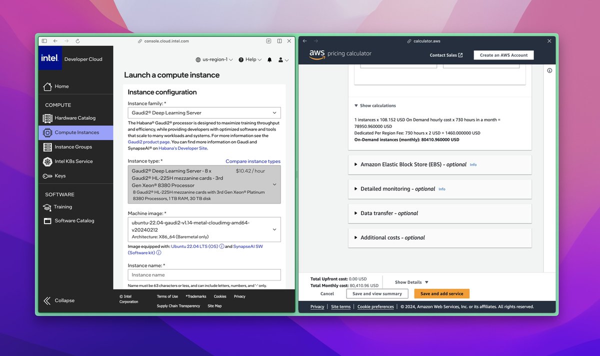 🧐

<a href="/intel/">Intel</a> Gaudi2: $10.42 / hour
<a href="/nvidia/">NVIDIA</a> H100: $110.15 / hour

I'm going to do some benchmark testing by training a model on both and see if the H100 justifies the 10.57x increase in cost.

Stay tuned (but not fine tuned 🫠)...