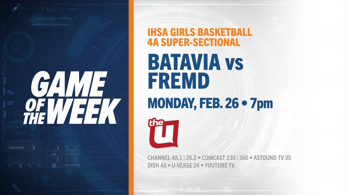 The teams are in! Monday on #GameoftheWeek, watch <a href="/BHS_GirlsBsktbl/">Batavia Girls Bball</a> vs. <a href="/wfhoops1/">Fremd G Basketball</a> in the <a href="/IHSA_IL/">Illinois High School Association #IHSA</a> Girls Basketball 4A Super-Sectional at 7P on #TheU.🏀🙌