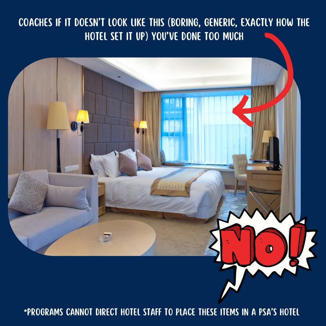 New Rule Alert‼️ Programs now cannot put decorations, snacks, itineraries, or other items in hotel rooms for recruits on official visits.