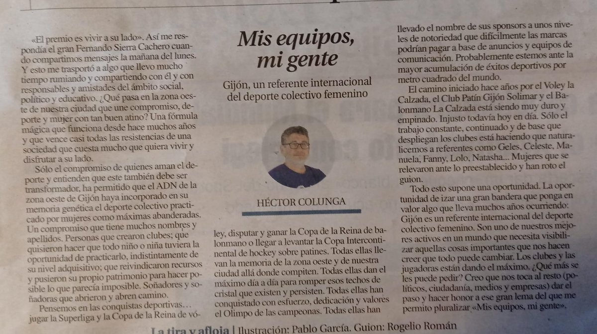 Mi pequeño y humilde homenaje y reivindicación de todo el trabajazo que el deporte colectivo femenino desarrolla desde <a href="/barrio_oeste/">Barrio Oeste</a> y <a href="/gijon/">Gijón/Xixón</a> hoy en <a href="/lanuevaespana/">La Nueva España</a>

<a href="/gijonhc/">Telecable Hockey Club</a> <a href="/CBLaCalzada/">Club Balonmano MotiveMarket.com La Calzada</a> <a href="/lacalzadavoley/">LaCalzadaVoley</a> 

lne.es/gijon/opinion/…