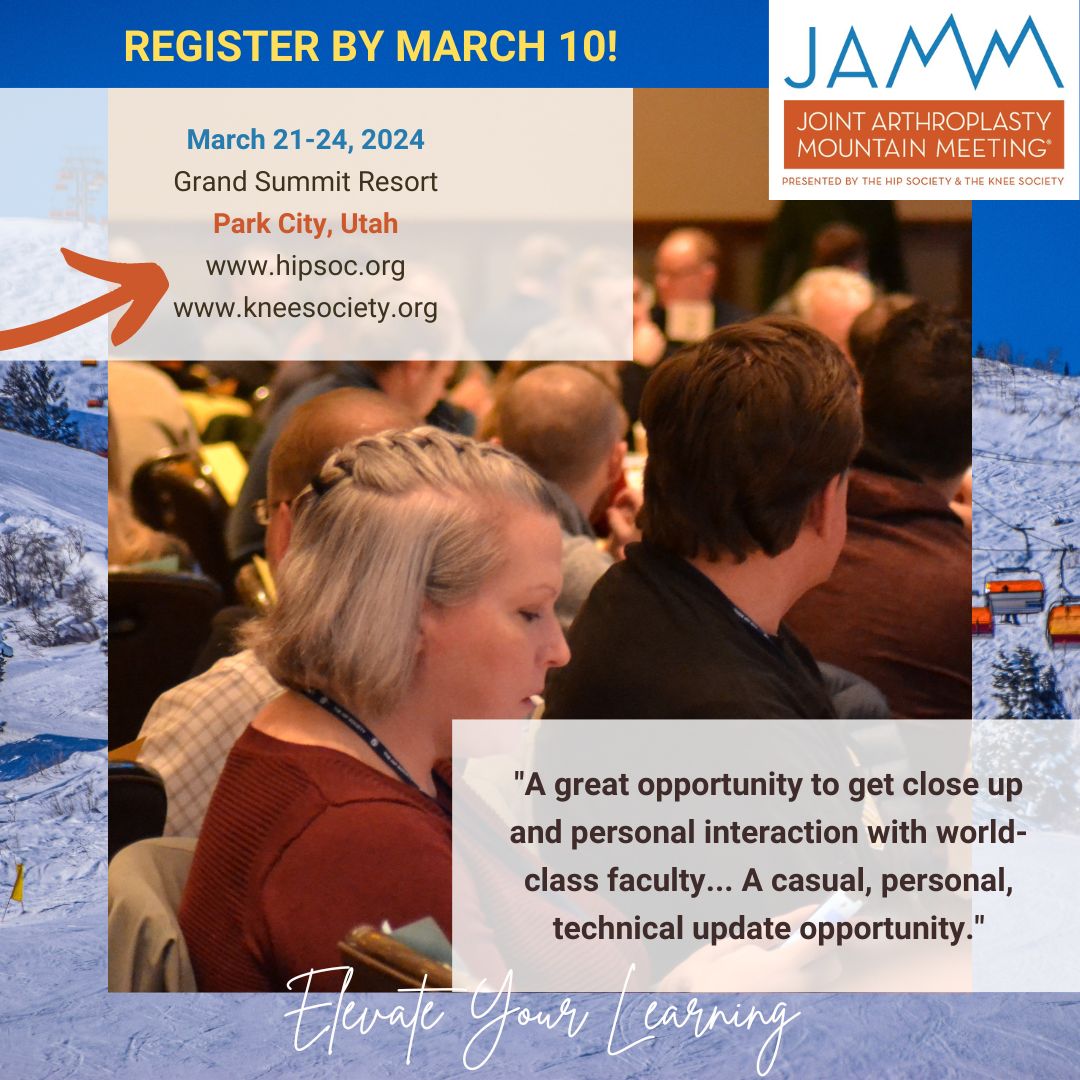 Since 2018, JAMM has been enjoying the reputation of the best #arthroplasty #roundtable format for robust faculty-attendee #interaction. If #casebased learning is your preferred way to earn your #CME, REGISTER for #JAMM2024 and join us in #ParkCity: hipsoc.org/jamm-