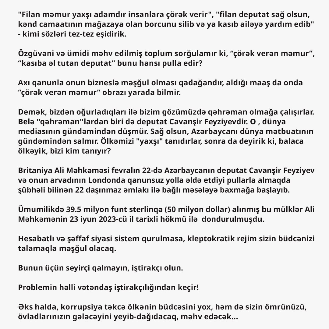 Hesabatlı və şəffaf siyasi sistem qurulmasa, kleptokratik rejim sizin büdcənizi talamaqla məşğul olacaq.