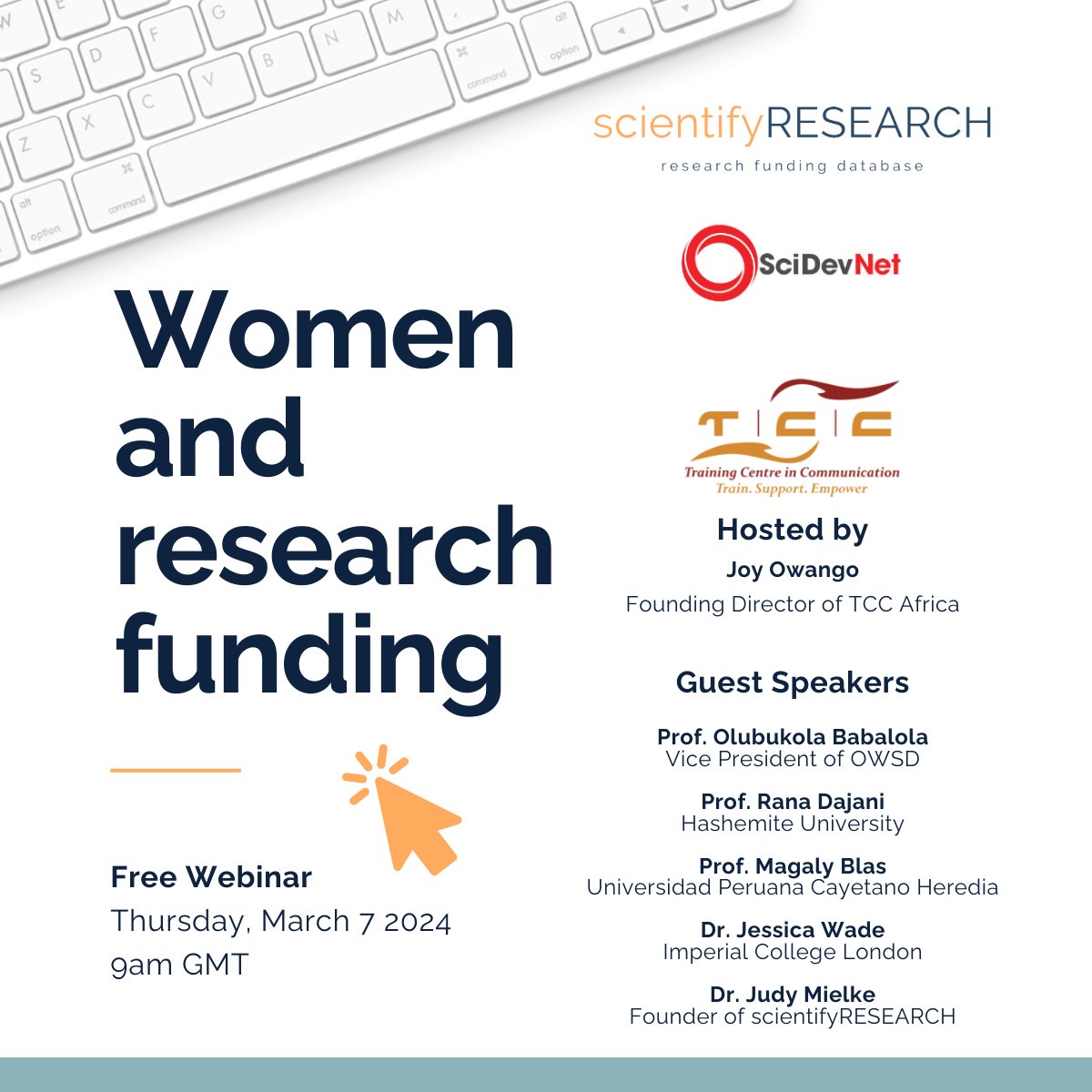 scientifyRESEARCH.org (@scientifyres) on Twitter photo Let's talk about research funding for women with six remarkable women in research! Change starts with conversations!
Women and research funding
free webinar
March 7, 2024 at 9am GMT
Register now:
scientifyresearch.org/event/women-re…
<a href="/SciDevNet/">SciDev.Net</a> <a href="/tccafrica/">Training Centre in Communication (TCC Africa)</a>
#IWD2024 #IWD #scientifyRESEARCH Let's talk about research funding for women with six remarkable women in research! Change starts with conversations!
Women and research funding
free webinar
March 7, 2024 at 9am GMT
Register now:
scientifyresearch.org/event/women-re…
<a href="/SciDevNet/">SciDev.Net</a> <a href="/tccafrica/">Training Centre in Communication (TCC Africa)</a>
#IWD2024 #IWD #scientifyRESEARCH