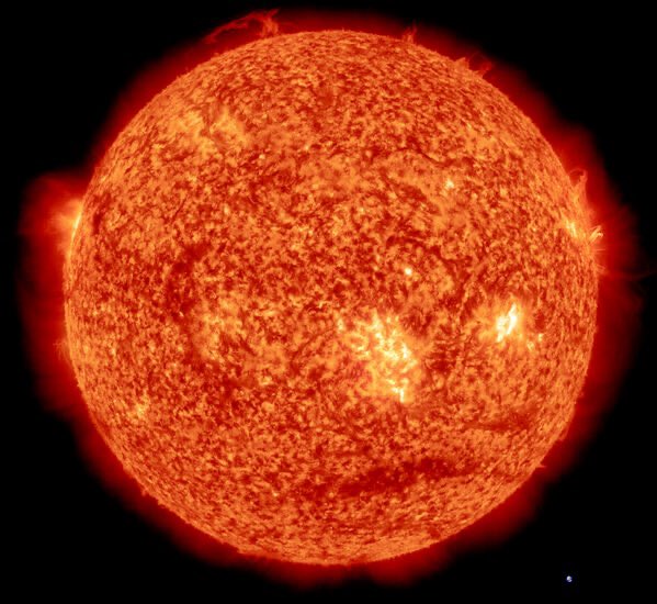 The actual size of the Sun compared to Earth. (Earth is at bottom right.)

Sun image is from NASA’s Solar Dynamics Observatory’s Atmospheric Imaging Assembly camera captured on February 23, 2013.