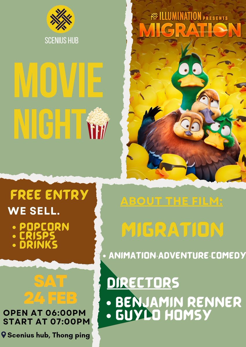 SceniusHub's tweet photo. Get ready to laugh 🤣 until your sides hurt because we're hosting a movie night🎥  featuring the hilariou animated film 'Migration"  🦆  Join us for a fun filled evening of ducks,mischief and giggles.
#movienight #familyfun #sceniushub https://t.co/o3H5AelTfA
