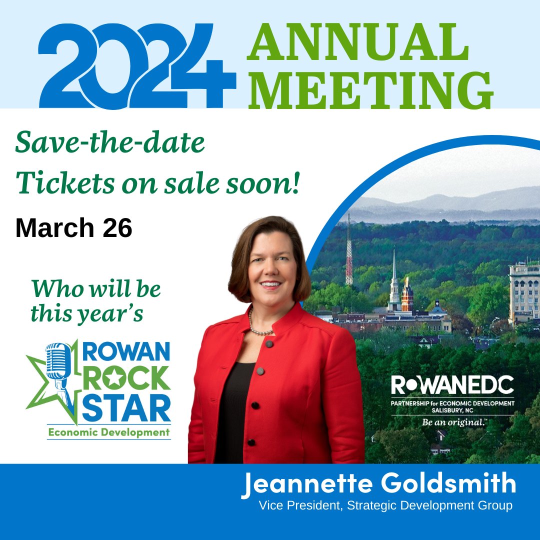 Save-the-date for the Rowan EDC 4th Annual Meeting to celebrate our economic achievements & future goals, featuring Jeannette Goldsmith as our keynote speaker. Don't miss the Rowan Rock Star of the Year announcement & more! 🌟 #RowanRockStar #EconDev #AnnualMeeting #RowanCountyNC