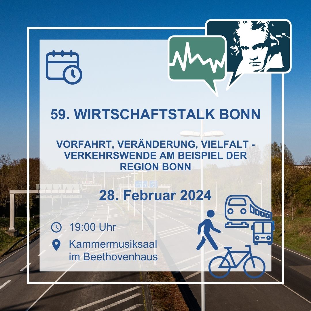 Vorfahrt, Veränderung, Vielfalt - die #Verkehrswende am Beispiel der Region #Bonn 🚲 🚗 🚋  Das ist Thema beim 59. Wirtschaftstalk Bonn am 28. Februar 2024. Zum Live-Stream am Veranstaltungstag ➡️  wirtschaftstalk-bonn.de und zur kostenlosen Anmeldung 
➡️  wirtschaftstalk-bonn.de/anmeldung.php