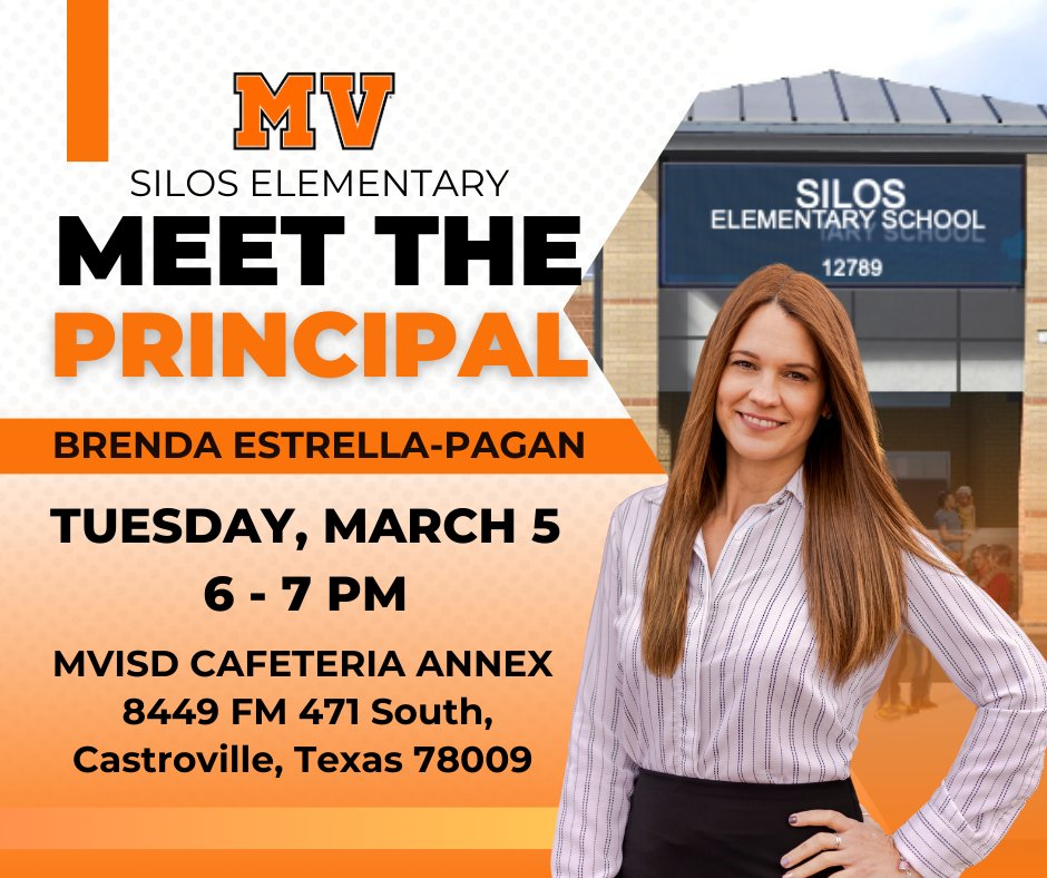 📆 𝗦𝗮𝘃𝗲 𝘁𝗵𝗲 𝗱𝗮𝘁𝗲! Join us for a meet and greet with Brenda Estrella-Pagan, new principal of Silos Elementary. 🤩 🤝 Parents and students will have an opportunity to learn more about Ms. Estrella-Pagan. 𝗦𝗲𝗲 𝘆𝗼𝘂 𝘁𝗵𝗲𝗿𝗲!