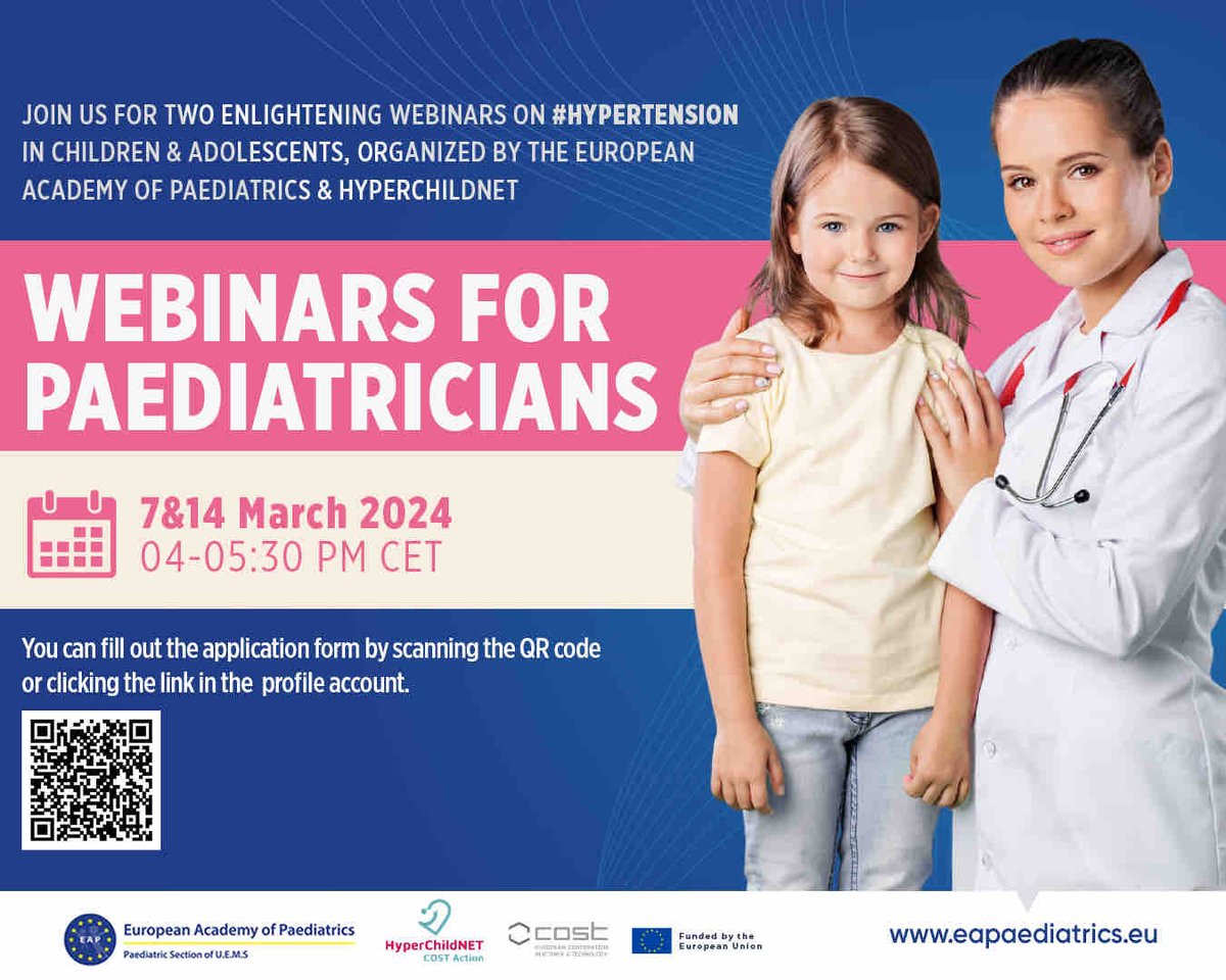 HyperChildNET's tweet image. Join leading experts at the European Academy of Paediatrics’ enlightening webinars on #Hypertension in children &amp;amp; adolescents March 14, 2024. Don’t miss out on the latest insights.     
❗Click the link for the registration ow.ly/g6sG50QH3QS #Paediatrics #hyperchildNET