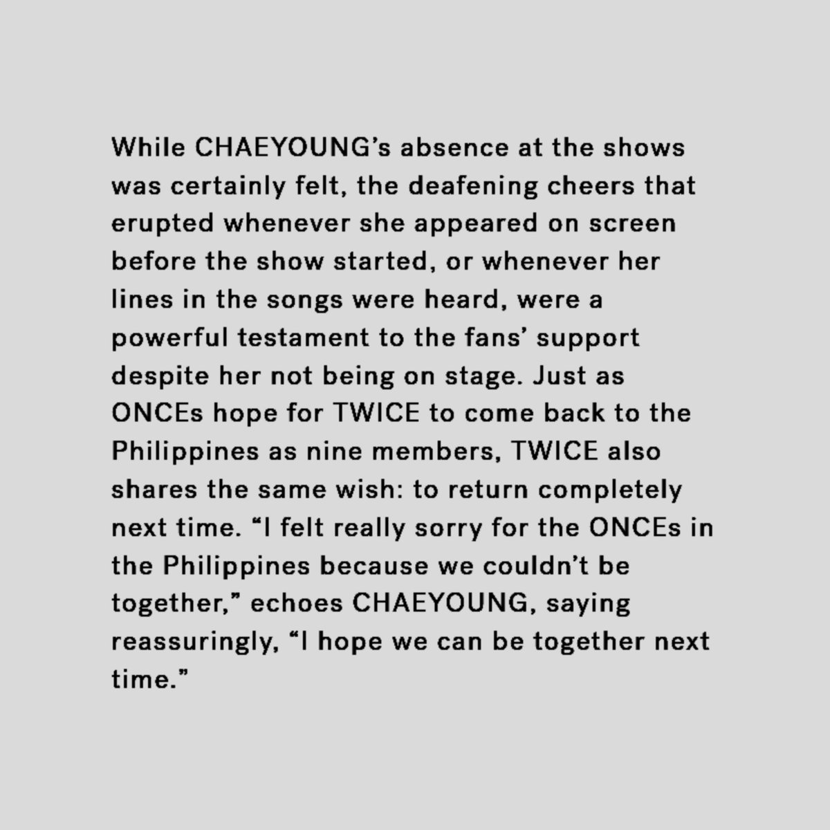 CY_Philippines's tweet photo. Chaeyoung interview with @NYLONManila:

CY: "I felt really sorry for the ONCEs in the Philippines because we couldn't be together, i hope we can be together next time"

🖇️https://t.co/gzvHJfjWMz

#채영 #CHAEYOUNG #チェヨン @JYPETWICE https://t.co/aoCJwJRSym
