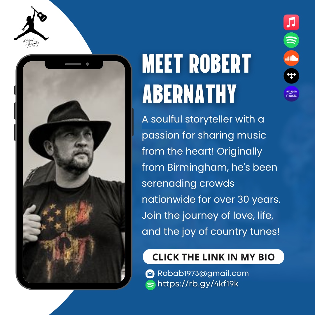 Introducing Robert Abernathy – a soulful storyteller on a musical quest to share the heart's melody! Hailing from Birmingham, he's been serenading crowds nationwide for over 30 years. Join the journey of love, life, and the joy of country tunes! 🎶❤️ #AbernathyStories
