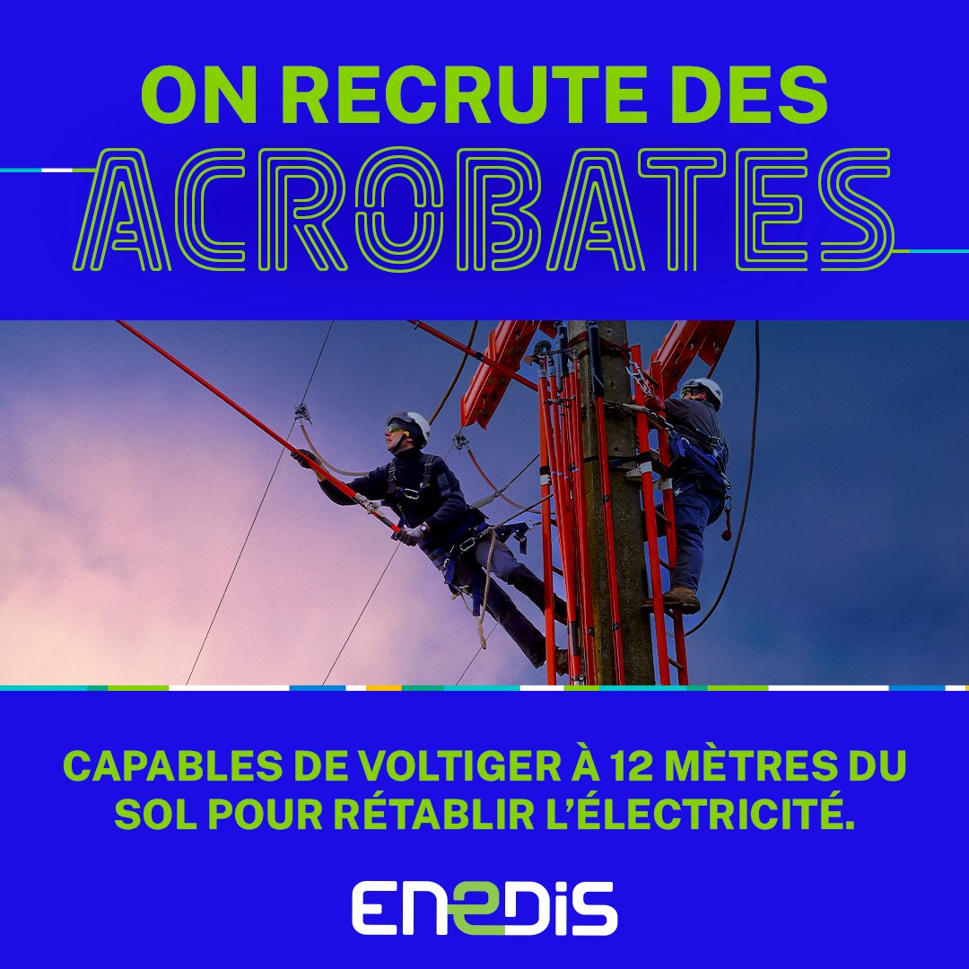 Devenez un électricien de haut-vol chez Enedis ! ⚡️💪 Rejoignez la #TeamFranceElectrique en postulant dès maintenant à l’une de nos 2 800 offres partout en France ➡️ enedis.fr/emploi.