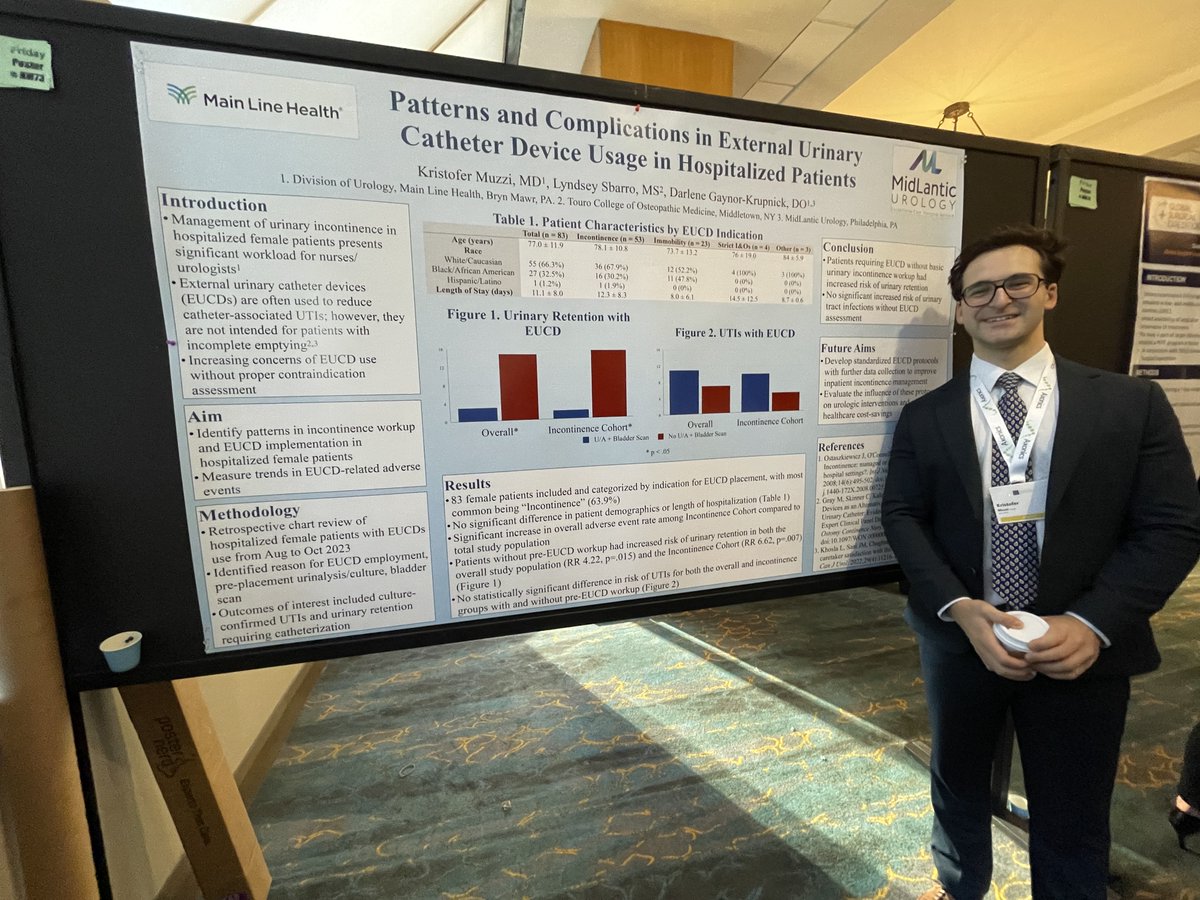 Congrats to PGY-2 @KristoferMuzzi and faculty Dr. Darlene Gaynor on their poster at #sufu24 highlighting the importance of proper evaluation of inpatient urinary incontinence managed with external urinary catheter devices. Well done, Kris! @mainlinehealth @MDLUrology @Lash7587