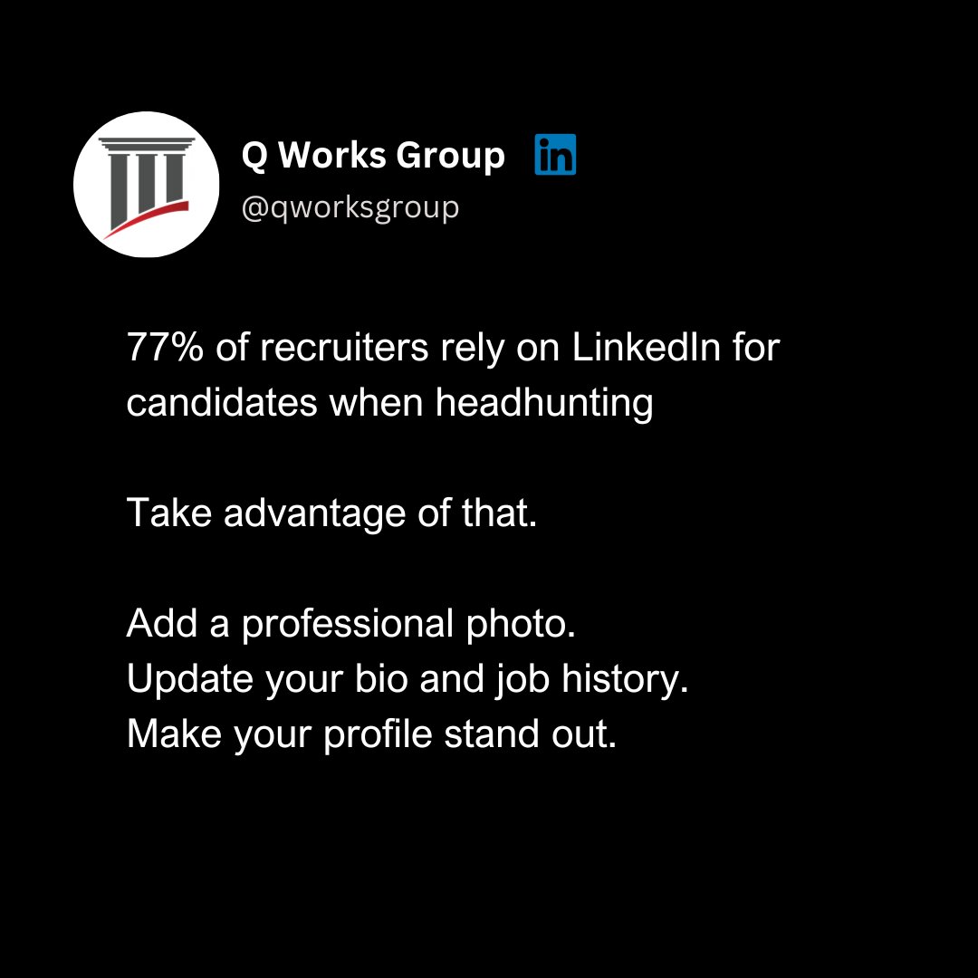 QWorksGroup's tweet image. With stats like this, the odds are ever in your favor if you're a job seeker

Optimize your profile with relevant keywords &amp;amp; turn on the "Open to Work" feature

Still no luck? Reach out to us careers.qworksgroup.com

#LinkedInTips #CareerAdvice #JobSearch #OptimizeYourProfile 🌟