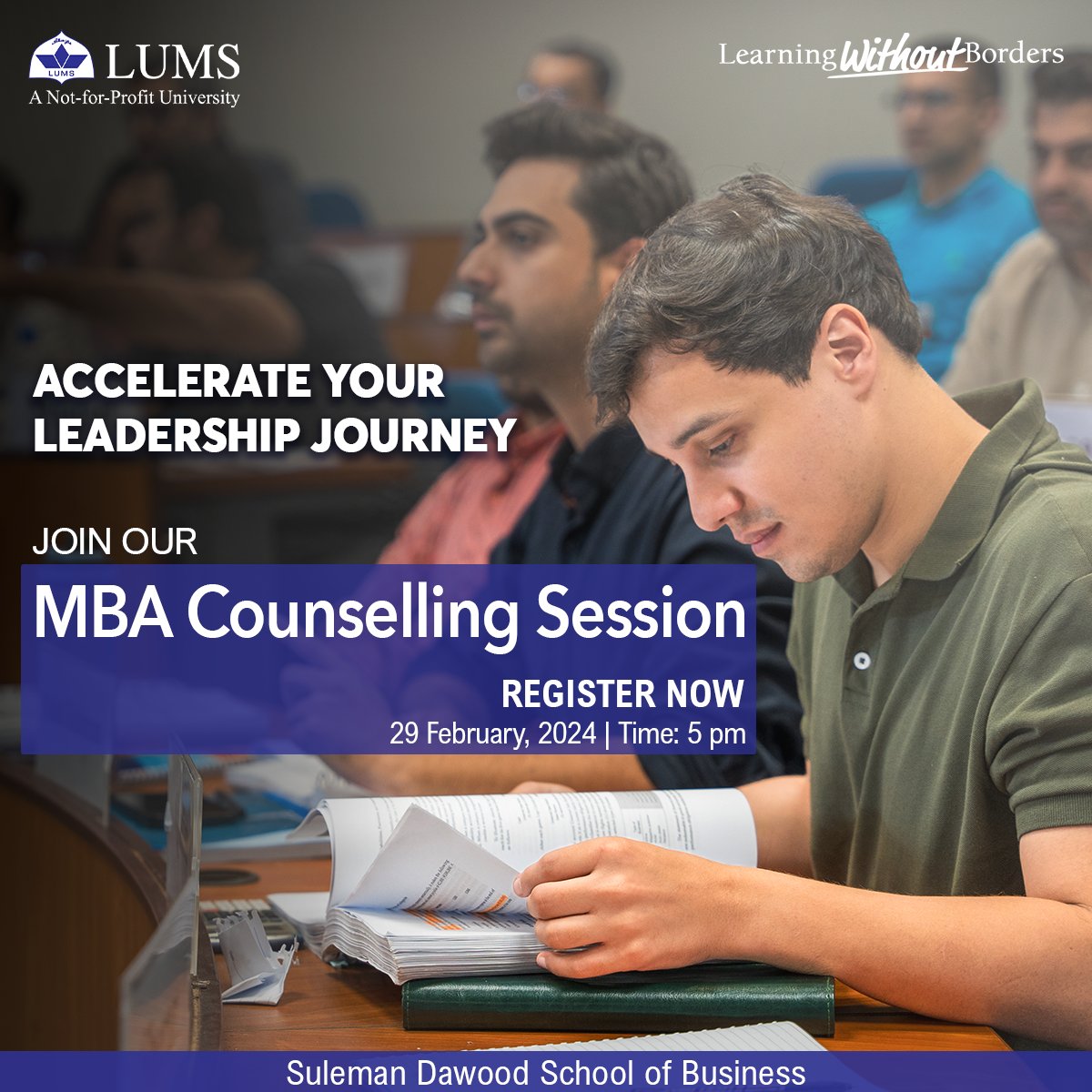 Join the online MBA counselling session, hosted by the @SDSB_LUMS, to gain insights into the programme and receive valuable guidance from the SDSB faculty. Register now: bit.ly/3wsSzue #LearningWithoutBorders