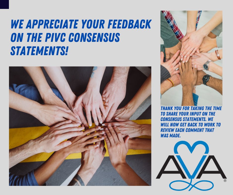 Thank you to each person, team, and organization that took time out of your busy days to review and send comment on the collaborative work by AVA, INS, ECRI, and AACN 'PIVC Consensus Statements'!

This work is made so much stronger by sharing your knowledge.

#PatientSafety
#AVA