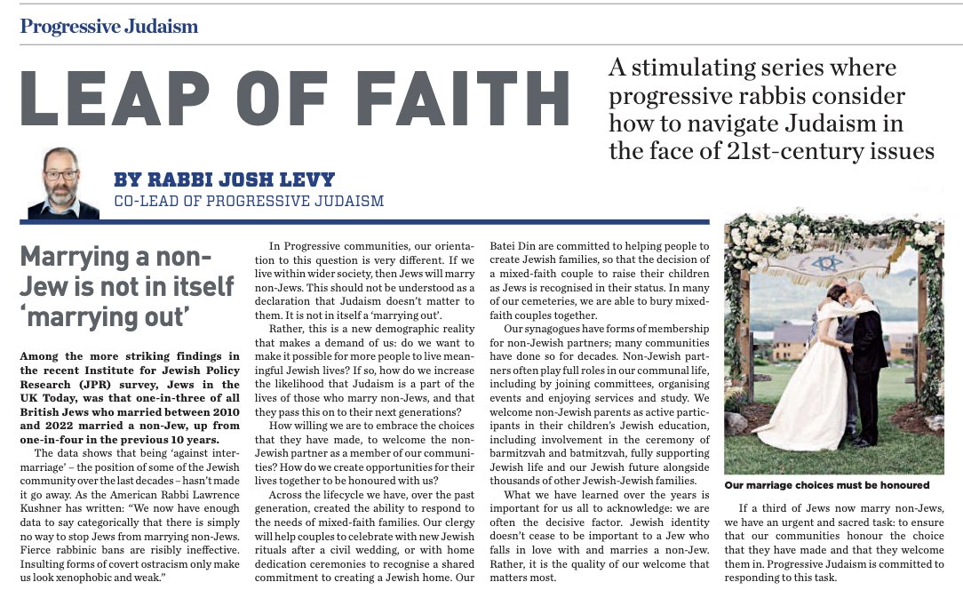 Rabbi Josh Levy has written a powerful article for @JewishNewsUK on how Liberal and Reform communities welcome mixed faith couples and families. Read it here: issuu.com/jewishnewsuk/d… If you would like to know more about joining a Progressive community, email jromain@rjuk.org