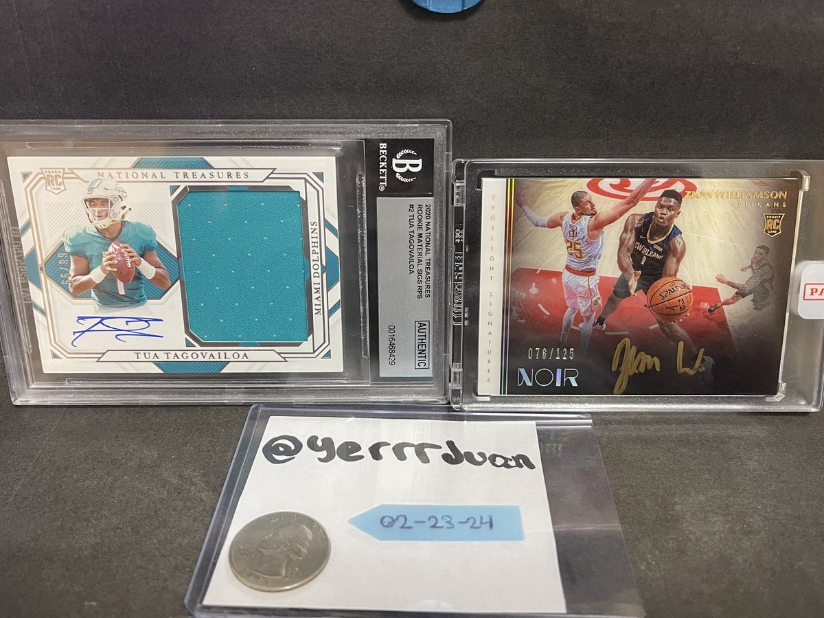 yerrrjuan's tweet photo. Trying to get some deals done on these before the post office closes today!

Noir Rookie Zion Williamson Spotlight Signatures On Card Gold Ink Auto /125
$1K

National Treasures Rookie Materials Signatures Tua Tagovailoa RPA /99
$500

Let’s talk. 
RT’s greatly appreciated! https://t.co/glspmQgkSN