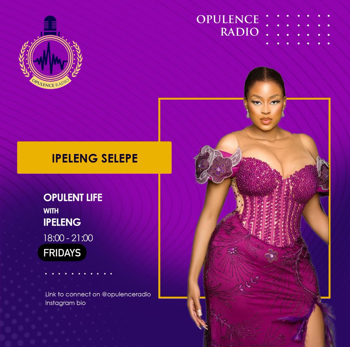 opulenceradio's tweet photo. It’s officially a weekend and it can never be a super one without the Opulent Life with Ipeleng. She is ready to deliver the best show for you. Don’t miss it for anything because it’s going down tonight as she will be having a chat with Pale from Big Brother Mzansi.
##ipeleng https://t.co/4tSGDiqngq