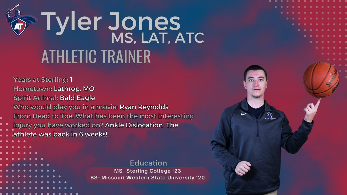 Sterling College Graduate AT Program (@scgradatp) on Twitter photo Kicking off the Staff Spotlights is Tyler Jones. This is Tyler's first year at Sterling College and covers Men's Basketball, Tennis, Golf, Track, and Football. #SwordsUp <a href="/MAATAD5/">MAATA District 5</a> <a href="/NAIAATA20/">NAIA Athletic Trainers Association</a> <a href="/NATA1950/">NATA</a> <a href="/SterlingCSports/">Sterling Warriors</a> <a href="/SterlingCLife/">Sterling College</a> <a href="/SCSportMed/">Sterling College Sports Medicine</a> #NATM2024 Kicking off the Staff Spotlights is Tyler Jones. This is Tyler's first year at Sterling College and covers Men's Basketball, Tennis, Golf, Track, and Football. #SwordsUp <a href="/MAATAD5/">MAATA District 5</a> <a href="/NAIAATA20/">NAIA Athletic Trainers Association</a> <a href="/NATA1950/">NATA</a> <a href="/SterlingCSports/">Sterling Warriors</a> <a href="/SterlingCLife/">Sterling College</a> <a href="/SCSportMed/">Sterling College Sports Medicine</a> #NATM2024