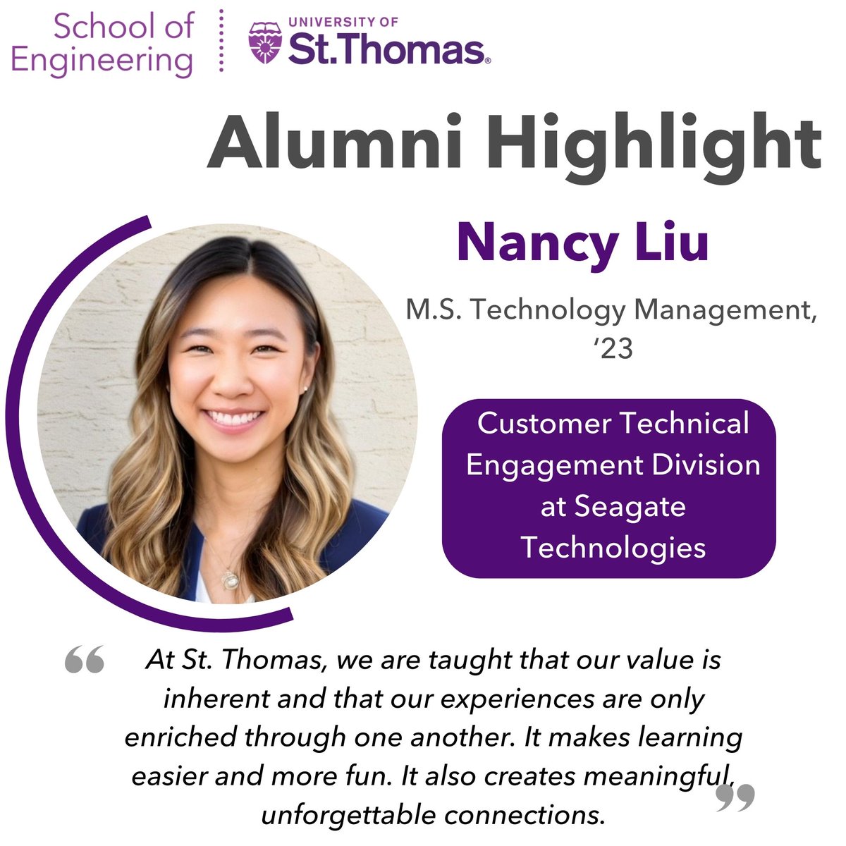 'At St. Thomas, we are taught that our value is inherent and that our experiences are only enriched through one another...' - Nancy Liu, MS in Technology Management '23 @UofStThomasMN @UST_Engineering. Learn more about the Tommie Network: alumni.stthomas.edu/stories/ #Eweek2024