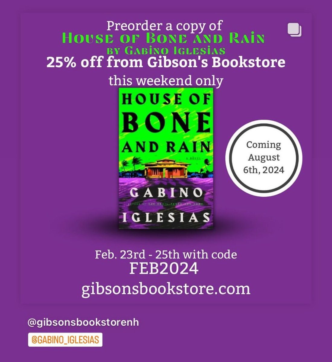 From now until Sunday you can preorder House of Bone and Rain (<a href="/mulhollandbooks/">Mulholland Books</a>) from the good folks at <a href="/GibsonsConcord/">Gibson’s Bookstore</a> and take 25% off! Remember: indies deserve ALL the love.
gibsonsbookstore.com/book/978031642…
