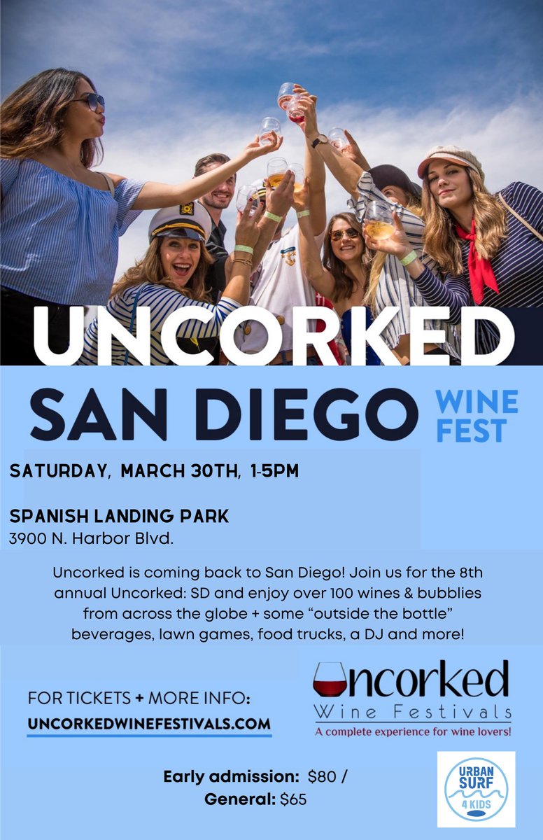 Hey friends! The volunteer link for the Spring Uncorked San Diego is now open for ages 21+. Sign-up at urbansurf4kids.org/event/uncorked….

#volunteer #wine #SanDiego #SoCal #charity #PositiveVibes #Saturday