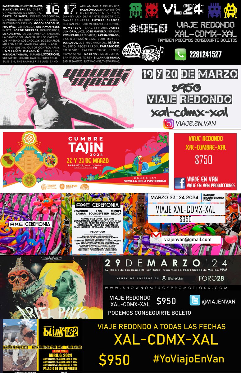 VIAJE EN VAN 2024

Te invitamos a nuestros próximos viajes!!

Transporte Redondo XALAPA-CDMX-XALAPA $950
Paquetes de Viaje con Boleto - Según Evento y Zona
Viajes a otro destino que no sea CDMX - Según Ciudad
Viajes De Museos o Eventos Especiales - Según Evento y Zona
Pregúntanos