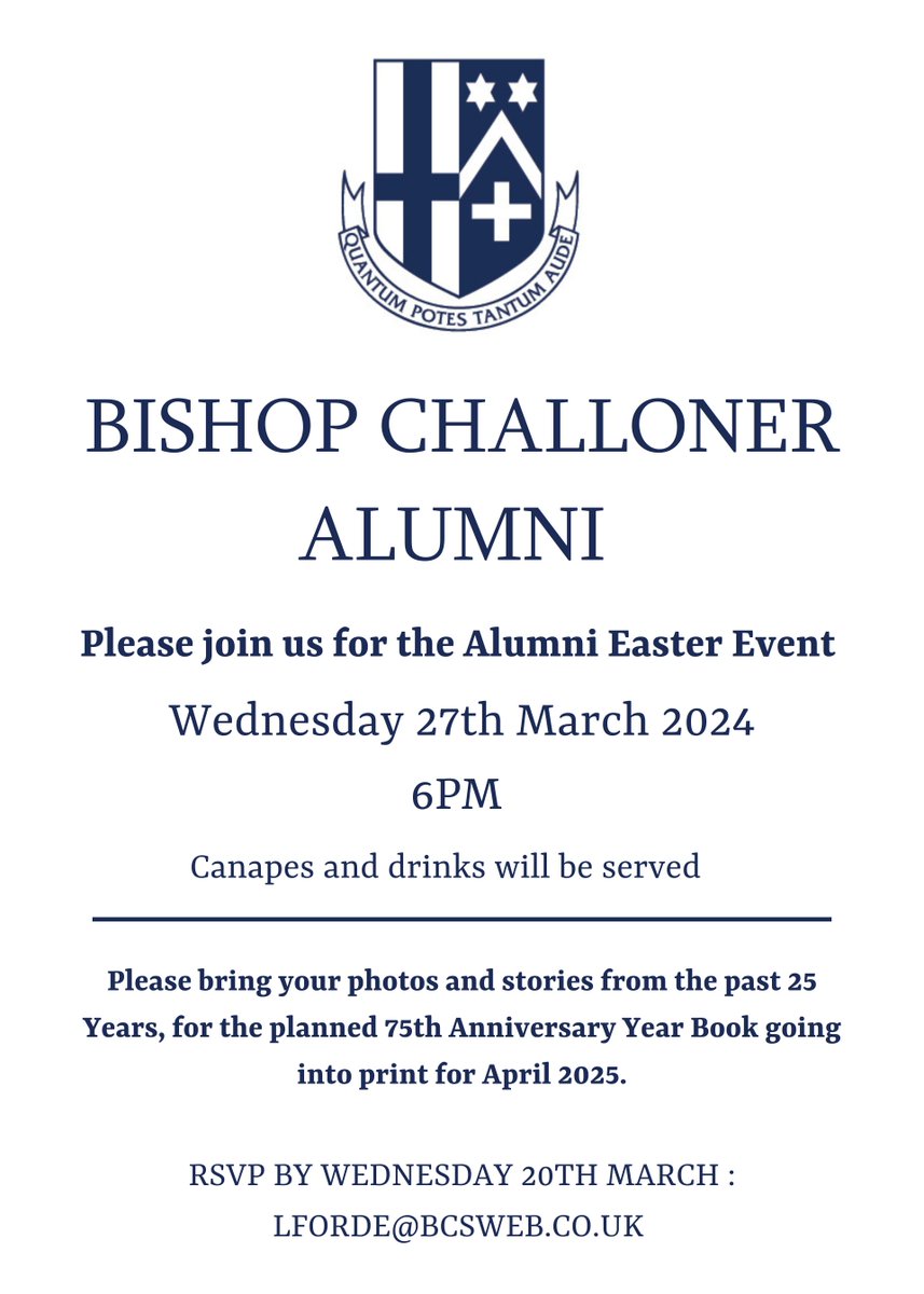 Our next Alumni event is here! Join us on Wednesday 27th March for drinks, canapes, and planning for our upcoming 75th birthday celebrations! RSVP: LFORDE@BCSWEB.CO.UK by 20th March. Hope to see you all there!
