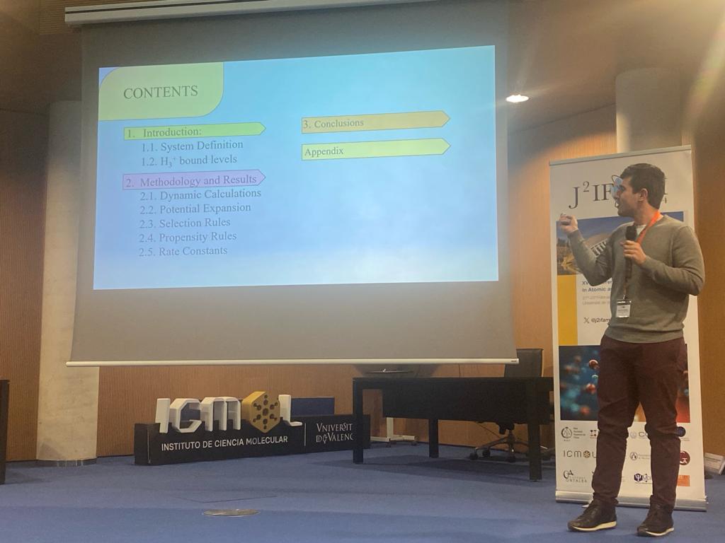 Last but not least talk of the congress is presented by Daniel Félix González, from Unidad Asociada UAM-CSIC. His work is related with “Time Independent Close-Coupling Approach to Non-Reactive H3+ + H Collisions” #J2IFAM2024