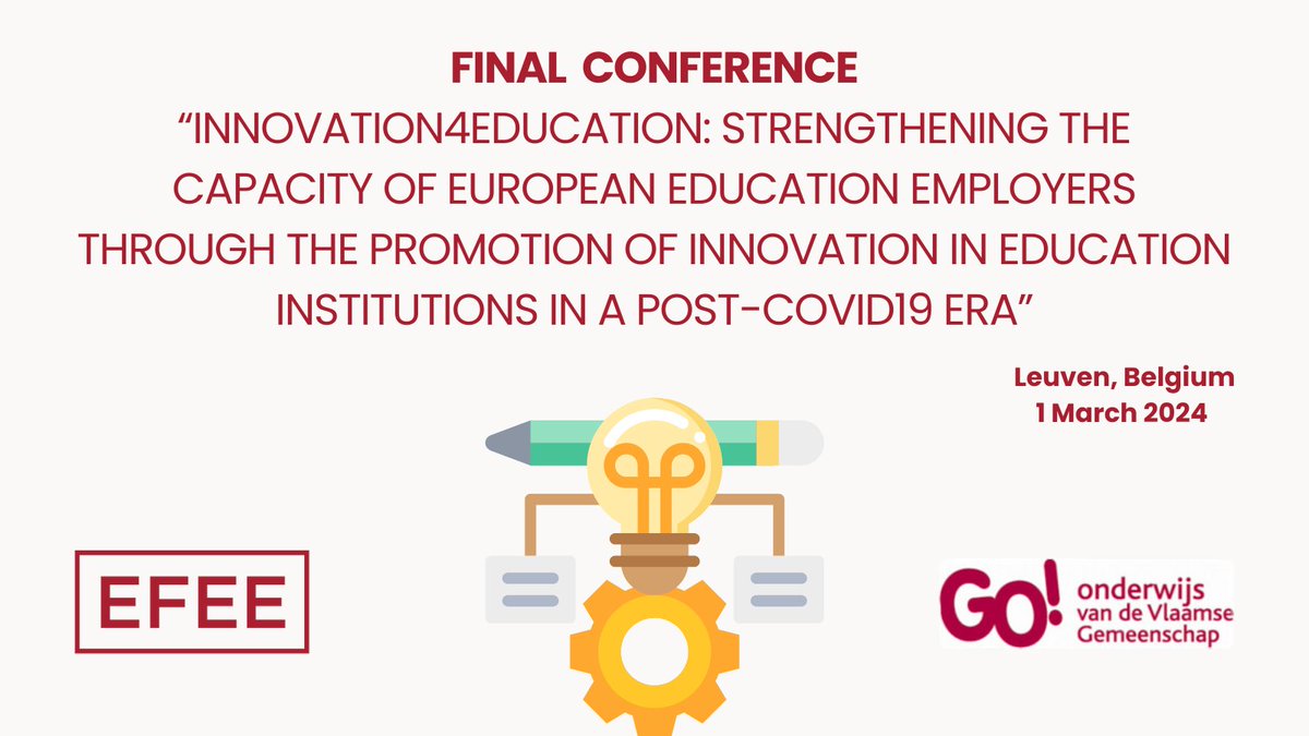 EFEE_EU's tweet photo. Just one week to go before the Final Conference of our Innovation4Education project!🏫💡
On March 1, we will gather in Leuven🇧🇪to discuss how to foster #innovation in schools and to present the information gathered over the last two years🗣️📃
(1/2) https://t.co/rbFNmr2zoY