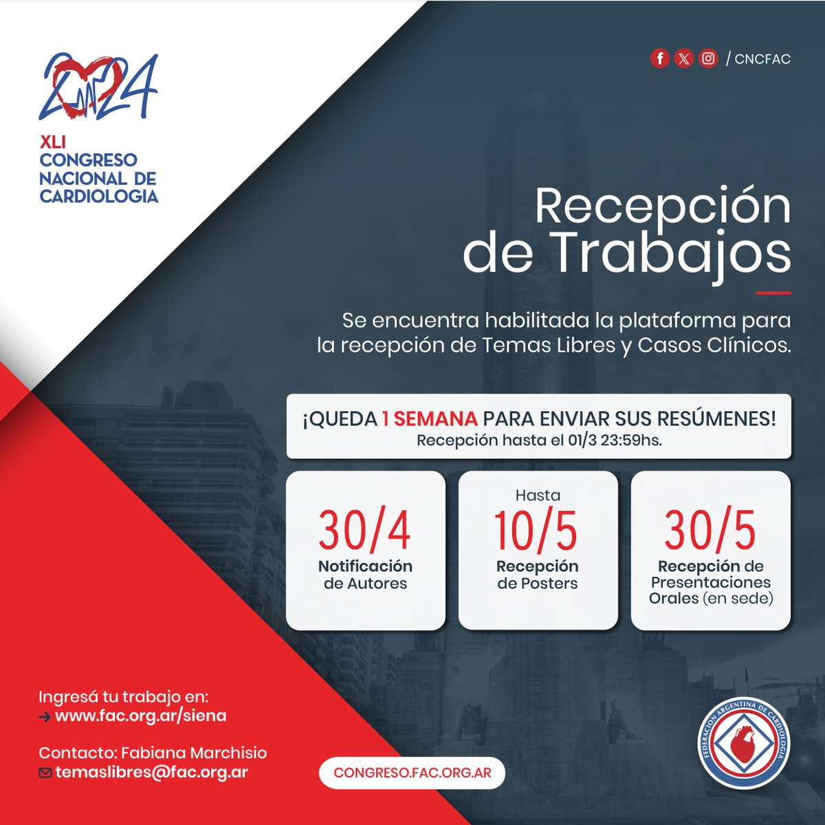 📣RECEPCIÓN DE TRABAJOS
¡Queda 1 semana para enviar sus resúmenes!

📌 Más info: congreso.fac.org.ar/trabajos.html