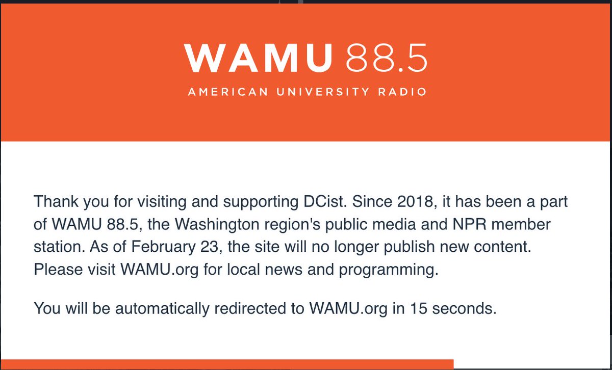 Holy crap.. After @wamu885 just fired @DCist staff, DCist.com just redirects to the WAMU website. You can't even read old stories, or stories published yesterday on DCist. An astoundingly bad precedent to set. That is people's resume for future employment.